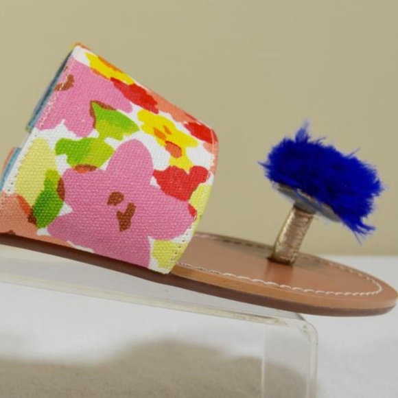 Frances Valentine Multicolor Floral Flats with Blue Pom Pom - Picture 6 of 8